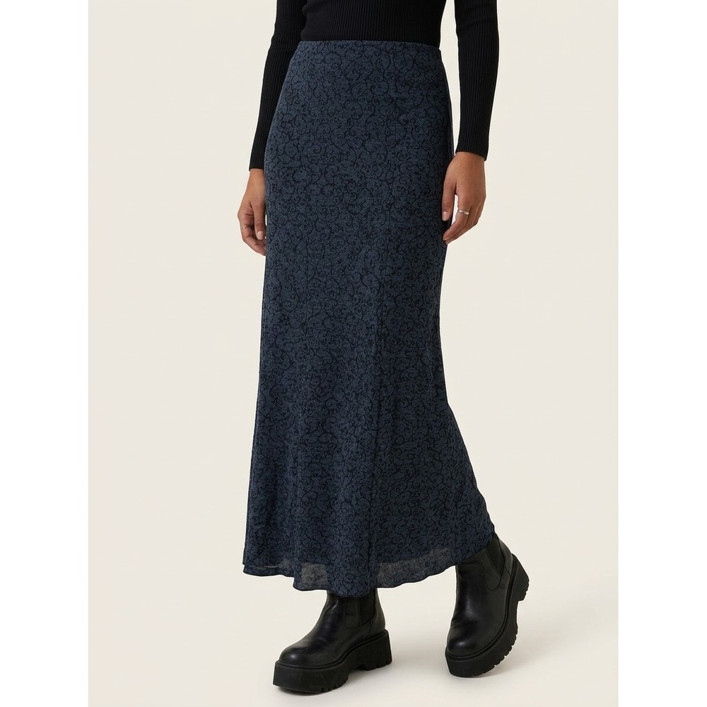 Vintage 90s Briggs Slinky Maxi Skirt Small Blue Black Vine Floral Boho Grunge